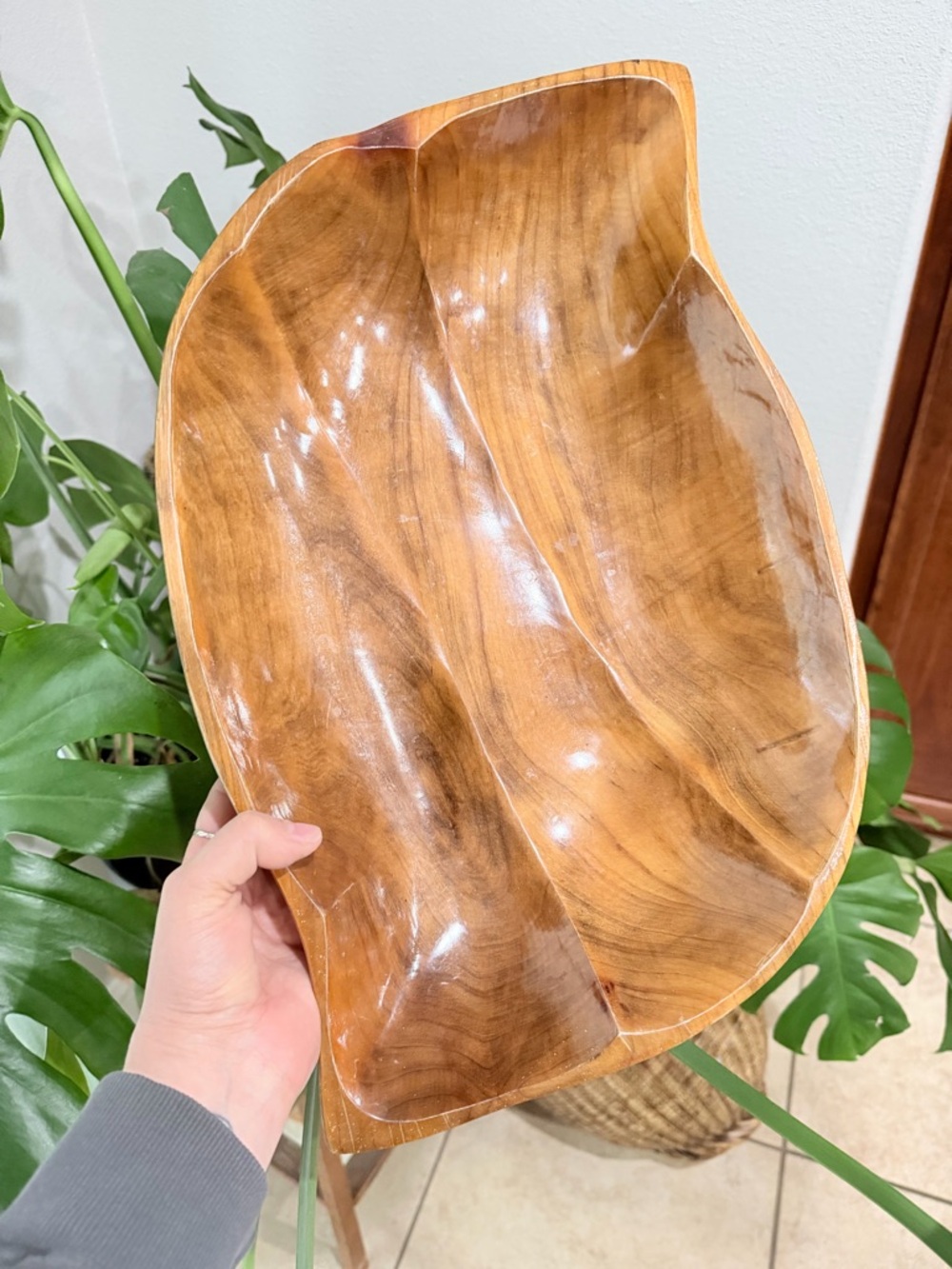 Vintage Large Wood Leaf Serving Bowl Mid Century Modern Teak Style 19”